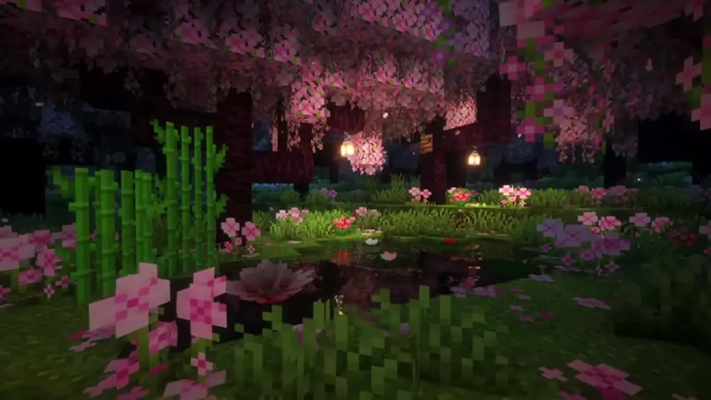 Paisaje de Minecraft entre bosques y construcciones